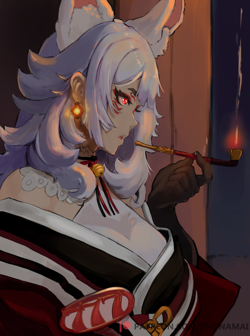 1girl, animal_ear_fluff, animal_ears, bell, black_kimono, black_ribbon, breasts, earrings