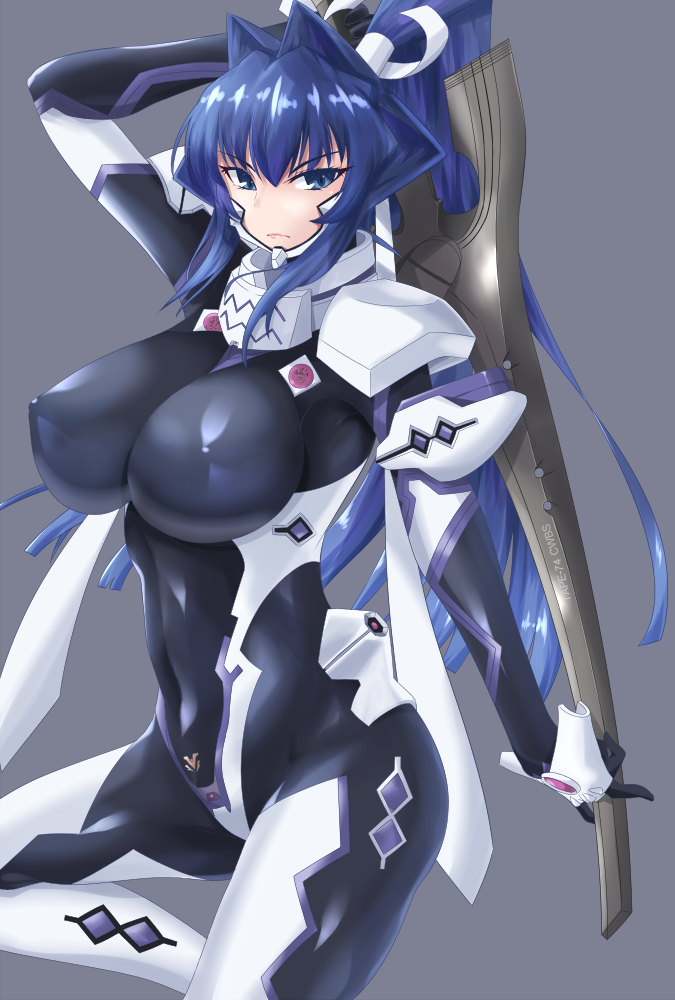 1girl, blue_eyes, blue_hair, bodysuit, breasts, covered_erect_nipples, covered_navel, cureecoolan