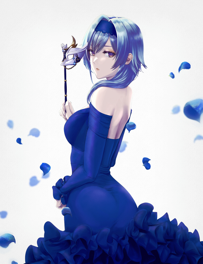 1girl, absurdres, backless_dress, backless_outfit, bare_shoulders, blue_dress, blue_hair, breasts