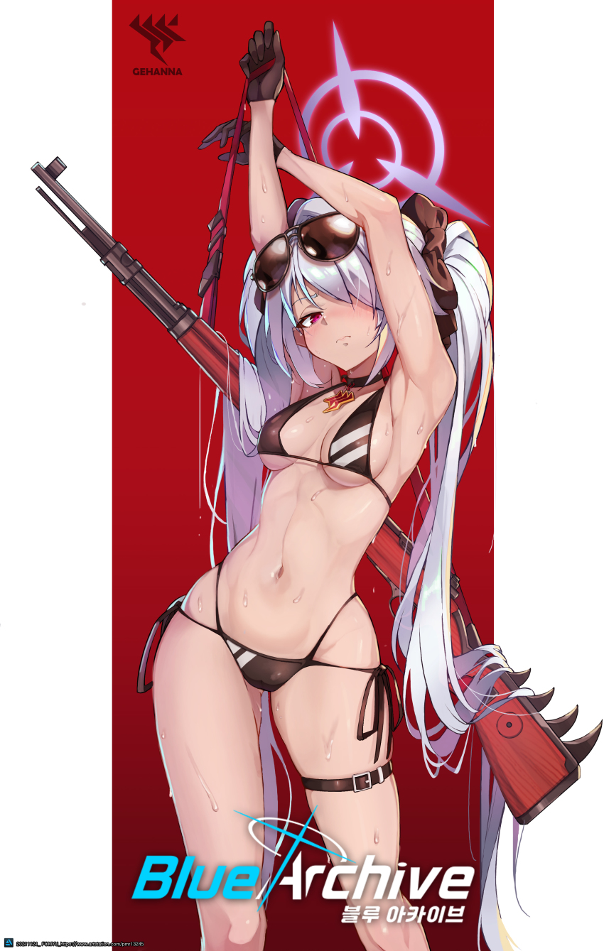 1girl, absurdres, armpits, arms_up, bikini, black_bikini, black_choker, black_gloves, black_ribbon, blue_archive, blush, bolt_action, breasts, breasts_apart, choker, commentary_request, contrapposto, copyright_name, eyewear_on_head, fomyu_(formula), gloves, groin, gun, hair_over_one_eye, hair_ribbon, half_gloves, halo, highres, iori_(blue_archive), iori_(swimsuit)_(blue_archive), long_hair, looking_at_viewer, mauser_98, medium_breasts, multi-strapped_bikini_bottom, navel, pink_eyes, pointy_ears, ribbon, rifle, silver_hair, skindentation, solo, standing, sunglasses, swimsuit, thigh_strap, thighs, twintails, underboob, weapon