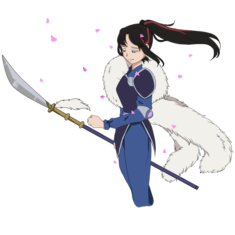 1girl, black_hair, cherry_blossoms, han'you_no_yashahime, inuyasha, kazukikari, multicolored_hair, naginata