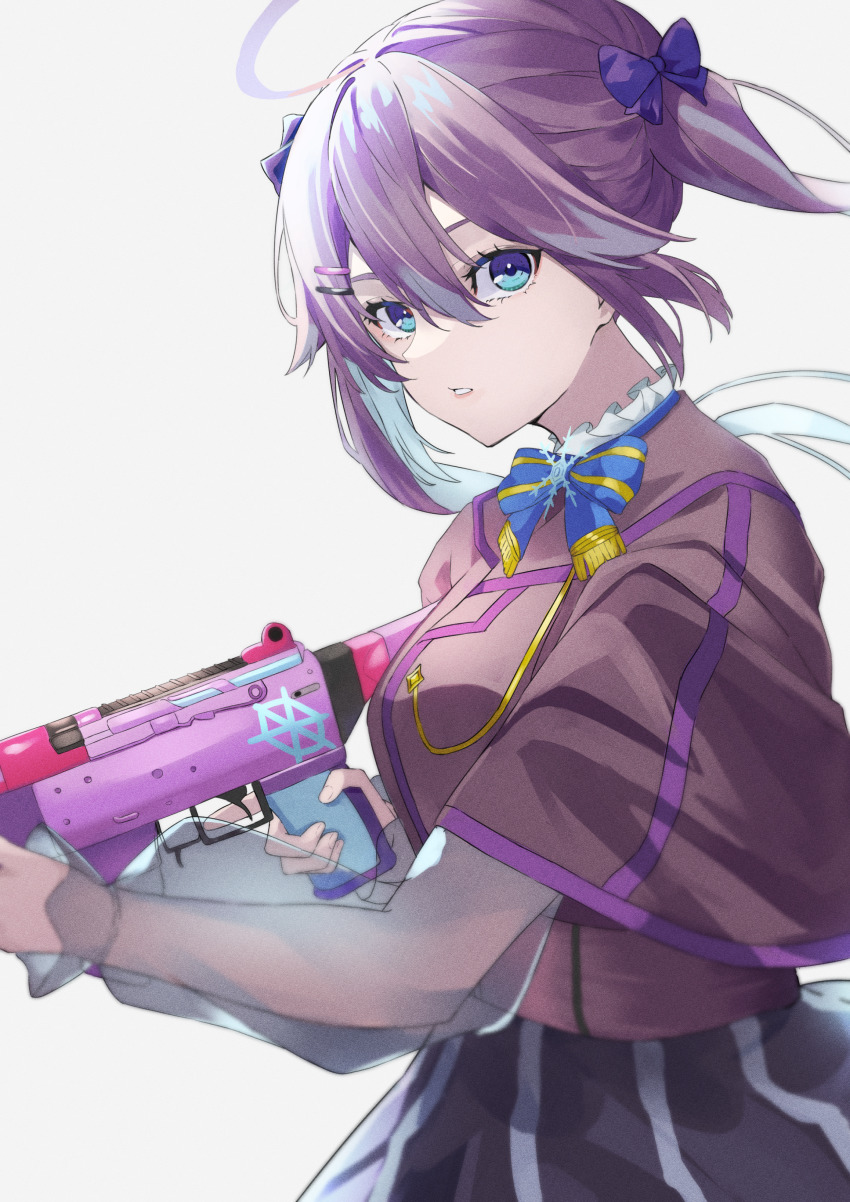 1girl, absurdres, akaneko_ken, black_skirt, blue_bow, blue_eyes, blue_hair, bow