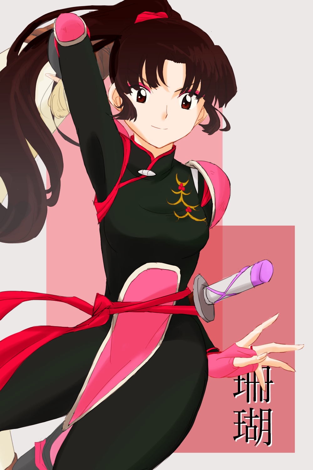 1girl, body_armor, brown_eyes, brown_hair, eyeshadow, highres, inuyasha, makeup, samurai_sword, sango_(inuyasha), shigushigu