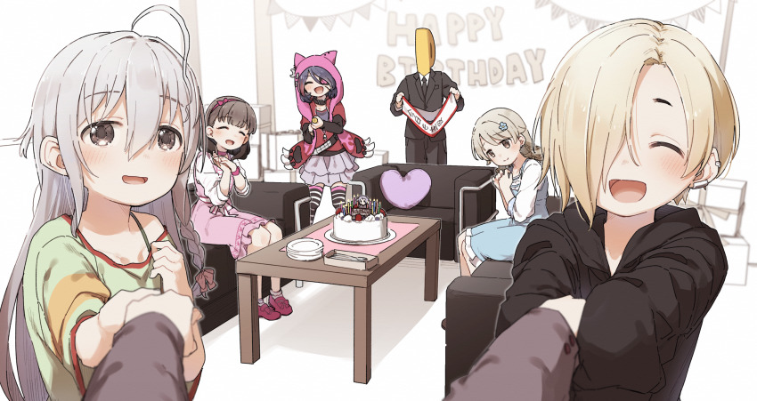 1boy, 6+girls, ^_^, ^o^, ahoge, animal_hood, birthday_cake, birthday_party, birthday_sash, black_hoodie, blue_dress, cake, closed_eyes, commentary_request, couch, cushion, dress, ear_piercing, eyepatch, food, formal_clothes, green_shirt, hair_over_one_eye, hairband, happy_birthday, hayasaka_mirei, highres, holding_hands, holding_sash, hood, hoodie, hoshi_syoko, idolmaster, idolmaster_cinderella_girls, indoors, koshimizu_sachiko, long_sleeves, looking_at_viewer, morikubo_nono, multiple_girls, on_couch, one_eye_covered, own_hands_together, piercing, pinafore_dress, pink_dress, pov, pov_hands, producer_(idolmaster), sakuma_mayu, sash, shirasaka_koume, shirt, sitting, sleeveless, sleeveless_dress, sleeves_past_fingers, sleeves_past_wrists, suit, table, yukie_(kusaka_shi)