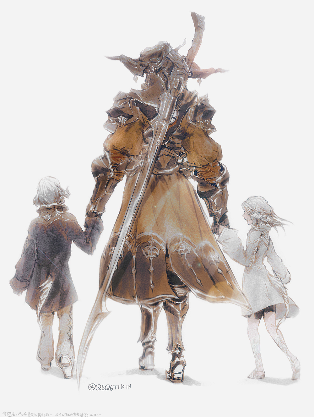 1girl, 2boys, aged_down, alfonse_(ff14), allie_(ff14), armor, black_shorts, blue_coat