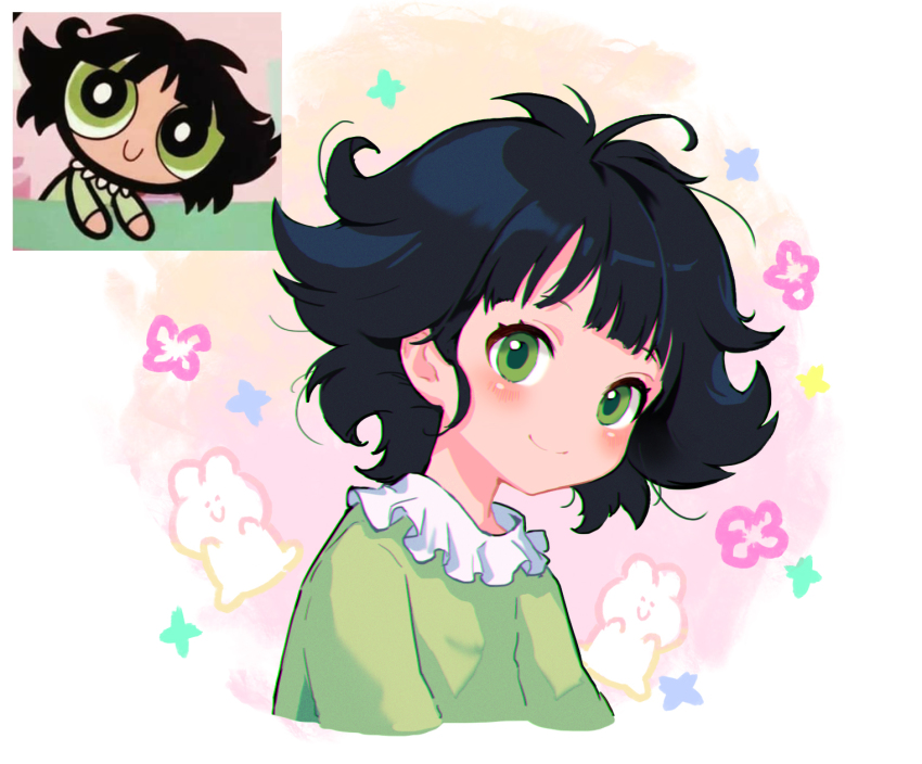 1girl, black_hair, blouse, buttercup_(ppg), buttercup_redraw_challenge_(meme), closed_mouth, frilled_shirt, frills