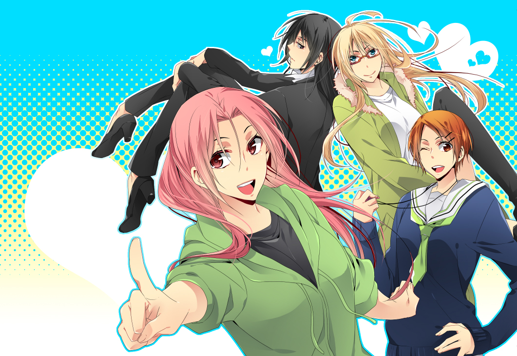 4girls, :d, aida_riko, akizuki_(edss), alexandra_garcia, araki_masako, black_hair, blonde_hair