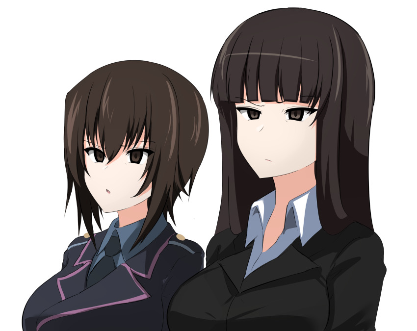 2girls, aikir_(jml5160), black_eyes, black_hair, black_jacket, blunt_bangs, brown_eyes, brown_hair