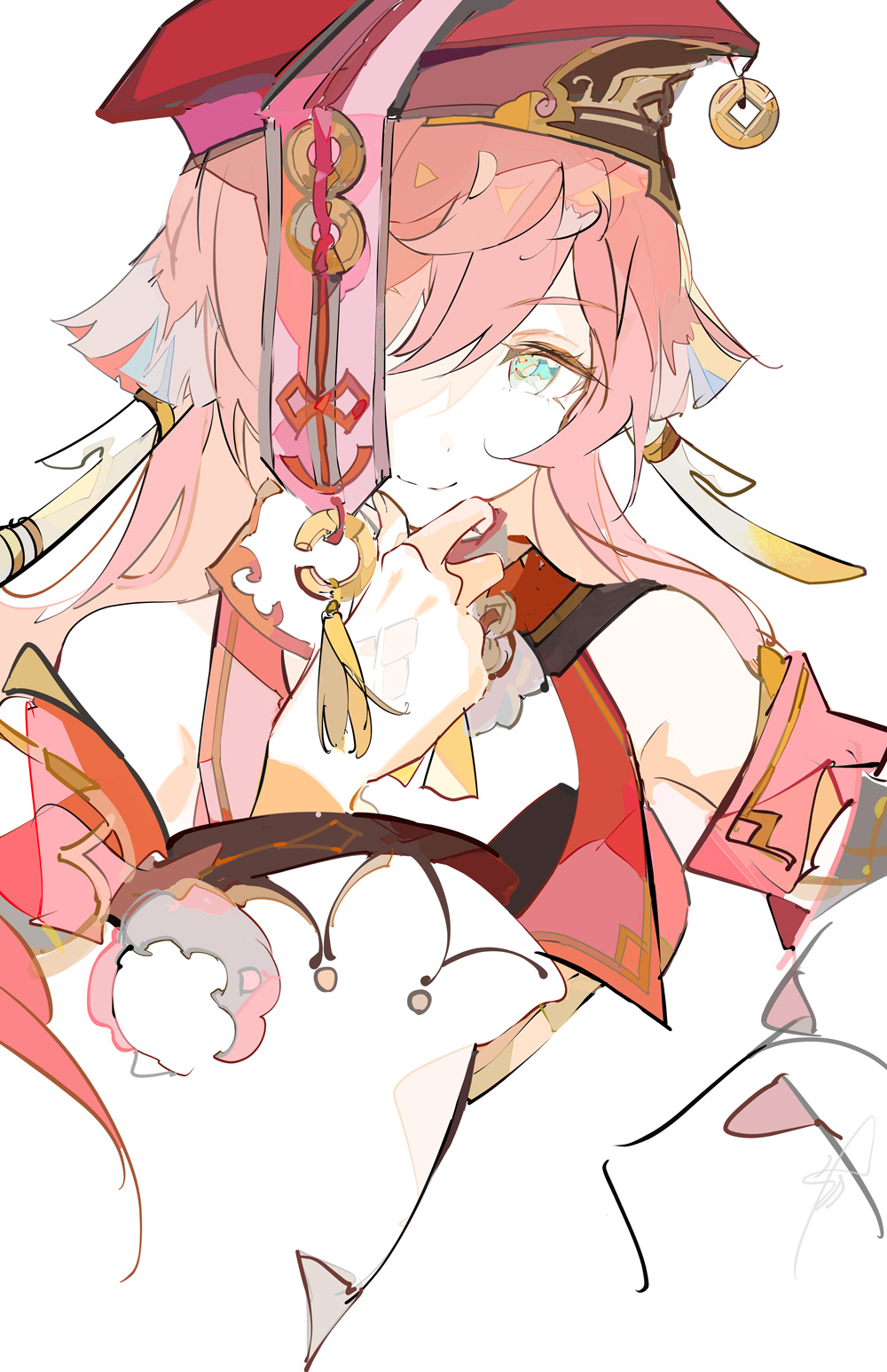 1girl, crop_top, ezu_(e104mjd), genshin_impact, green_eyes, hands_up, highres, horns, looking_at_viewer, pink_hair, red_headwear, smile, white_background, yanfei_(genshin_impact)