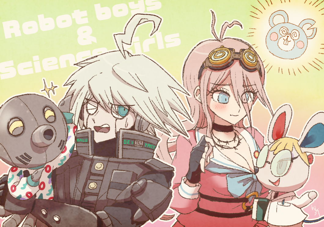 2boys, 2girls, android, animal_crossing, animal_crossing:_new_horizons, animal_ears, antenna_hair, armor, blue_eyes, blush, breasts, brown_background, cephalobot_(animal_crossing), cleavage, danganronpa_(series), danganronpa_v3:_killing_harmony, english_text, fingerless_gloves, glasses, gloves, goggles, goggles_on_head, gradient_background, grey_hair, hair_between_eyes, hakusoto, iruma_miu, k1-b0, lab_coat, large_breasts, messy_hair, mouse_ears, mouse_girl, mouse_tail, multiple_boys, multiple_girls, nintendo, o-ring, octopus_boy, one_eye_closed, open_mouth, outline, petri_(animal_crossing), pink_shirt, power_armor, shirt, short_hair, smile, sparkle, sweater, tail, teeth, upper_body, upper_teeth_only, wavy_mouth, white_outline