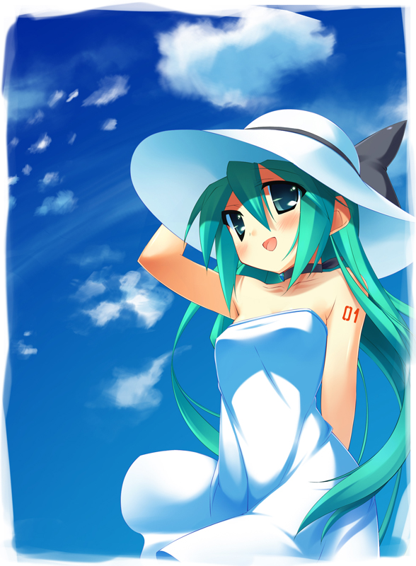 1girl, amakara_surume, aqua_eyes, aqua_hair, blush, cloud, day, dress