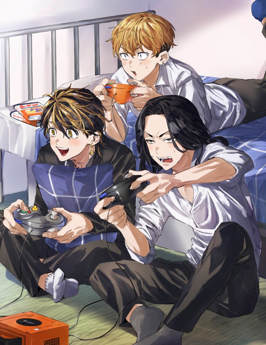 3boys, baji_keisuke, black_eyes, black_hair, black_jacket, black_pants, blonde_hair, collared_shirt, controller, earrings, full_body, game_console, game_controller, gamecube, gamecube_controller, hanemiya_kazutora, highres, holding, holding_controller, indoors, jacket, jewelry, knee_up, long_hair, looking_away, lying, male_focus, matsuno_chifuyu, mole, mole_under_eye, multicolored_hair, multiple_boys, naka_(58hrprtr), on_stomach, open_mouth, pants, pillow, shirt, single_earring, sitting, sleeves_rolled_up, slice_of_life, smile, socks, sweatdrop, tokyo_revengers, two-tone_hair, undercut, white_shirt, yellow_eyes