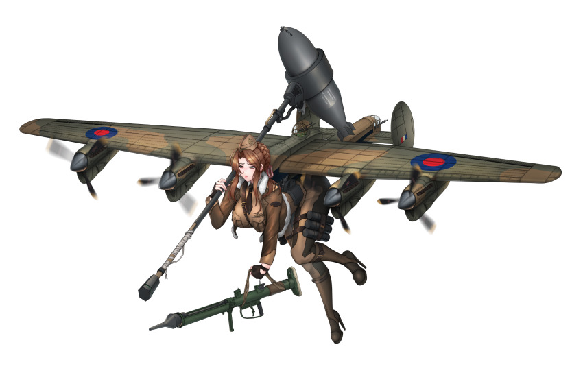 1girl, aircraft, airplane, airplane_wing, ammunition, anti-tank_mortar, avro_lancaster, black_gloves