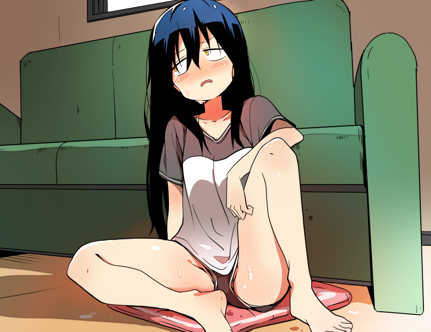 1girl, absurdres, barefoot, black_hair, black_shorts, blush, bural_chingu, couch, green_panties, hair_between_eyes, highres, indoors, ju_hyeon-mi, long_hair, luke_(dydansgur), panties, pantyshot, parted_lips, shirt, short_shorts, short_sleeves, shorts, sitting, solo, sweat, underwear, upshorts, very_long_hair, window, yellow_eyes
