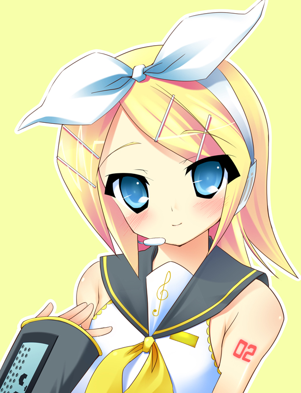 amakara_surume, aqua_eyes, blonde_hair, blush, hair_ornament, hairclip, headphones, kagamine_rin, necktie, simple_background, smile, solo, space_invaders, surume_(pixiv3908), vocaloid