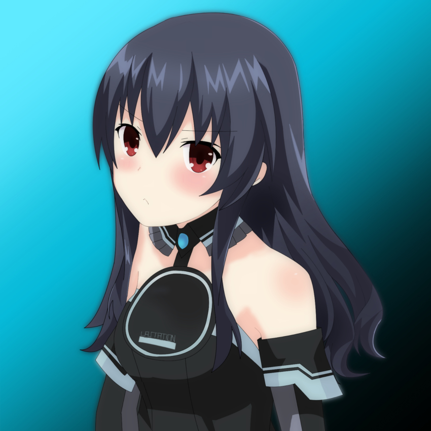 bare_shoulders, black_hair, blue_background, breasts, collar, dress, frown, highres