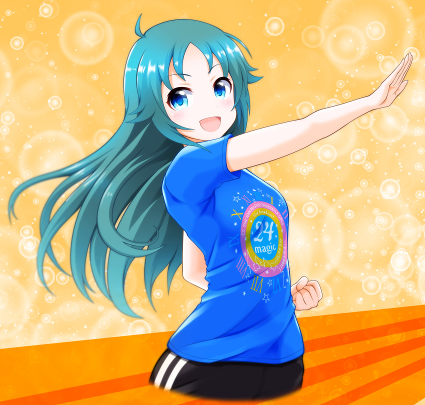 1girl, 24_(series), antenna_hair, aqua_eyes, arm_up, artist_request, black_shorts, blue_shirt