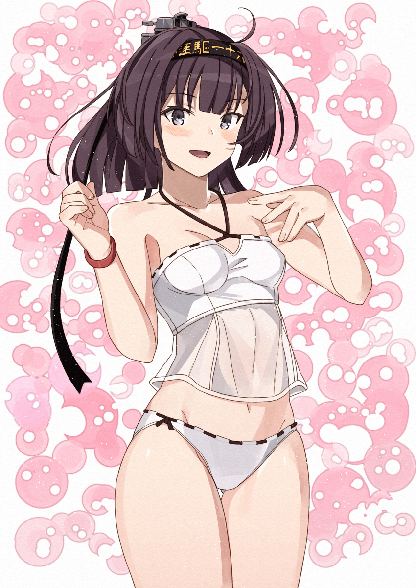 1girl, absurdres, ahoge, akizuki_(kancolle), akizuki_(swimsuit)_(kancolle), bikini, black_hair, black_headband
