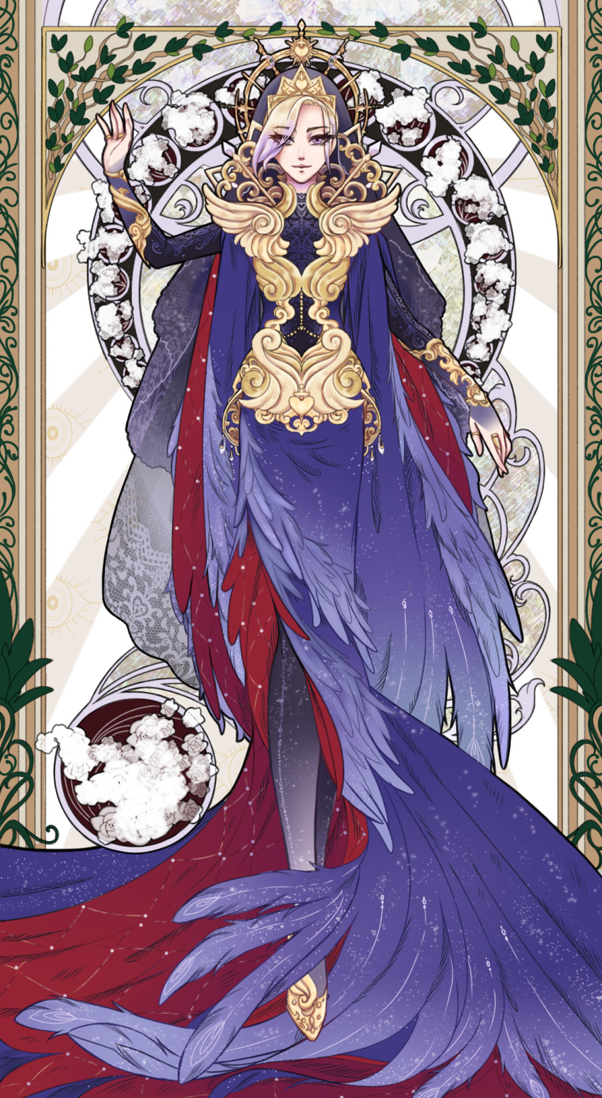 1boy, art_nouveau, blonde_hair, blue_dress, bodysuit, corset, crown, dress