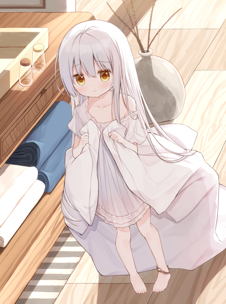 1girl, bare_shoulders, barefoot, blush, brown_eyes, bunny_girl_(yuuhagi_(amaretto-no-natsu)), closed_mouth, collarbone