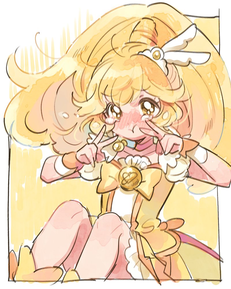 1girl, blonde_hair, blush, border, bow, character_request, cure_peace, double_v