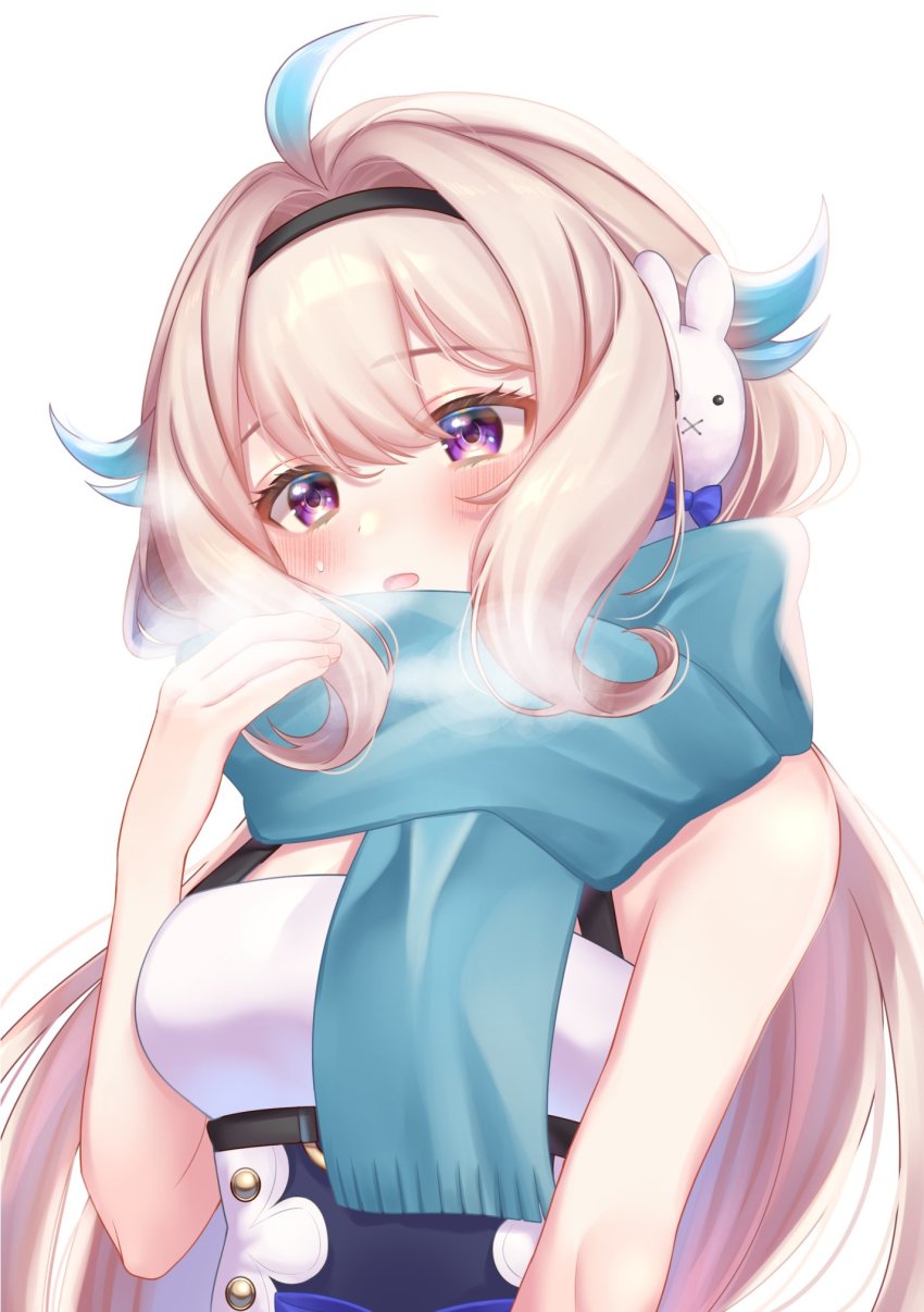 1girl, ahoge, black_hairband, blue_hair, blue_scarf, blush, bow, breasts
