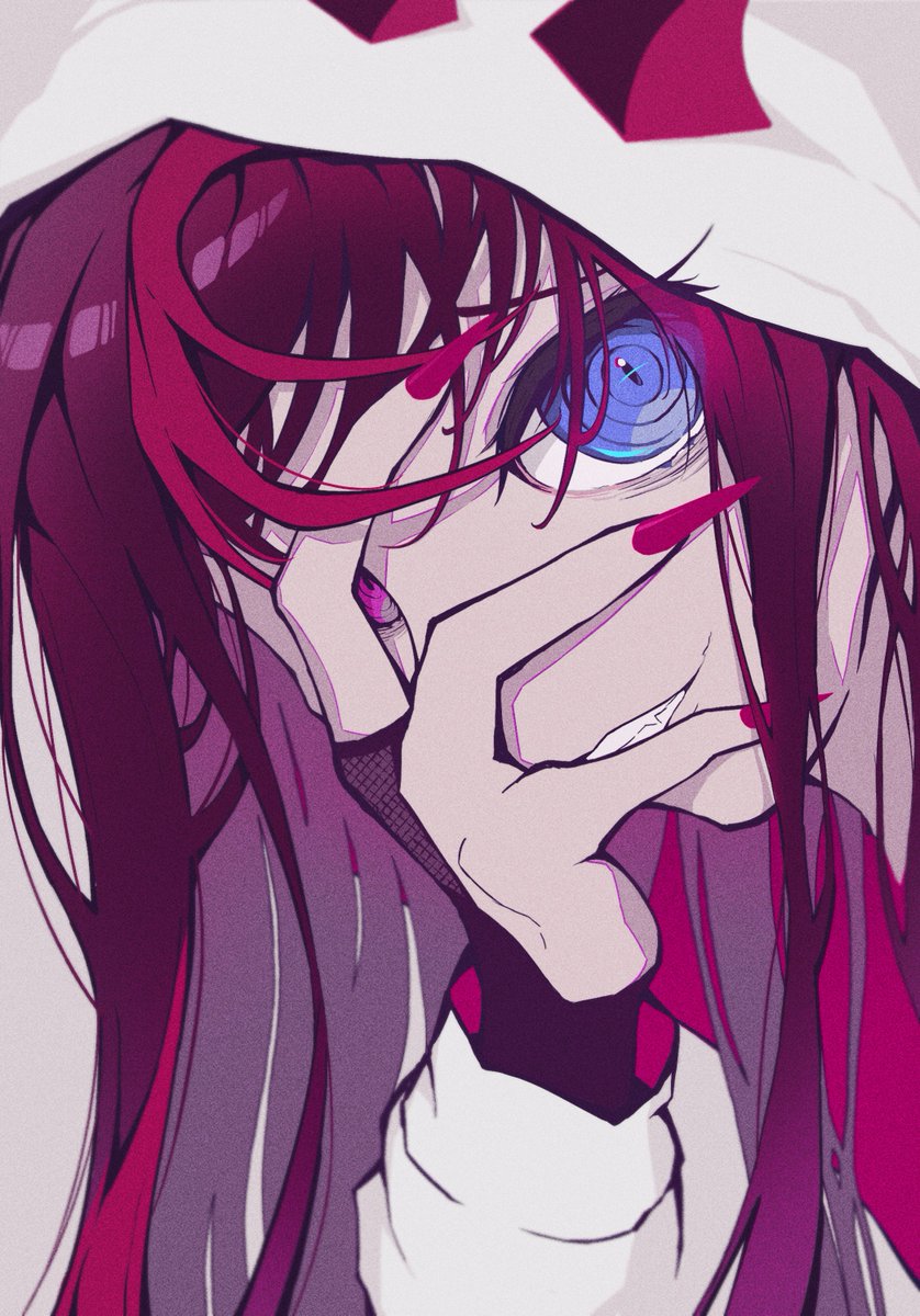 1girl, blue_eyes, close-up, fang, hand_on_own_face, heterochromia, highres, hololive