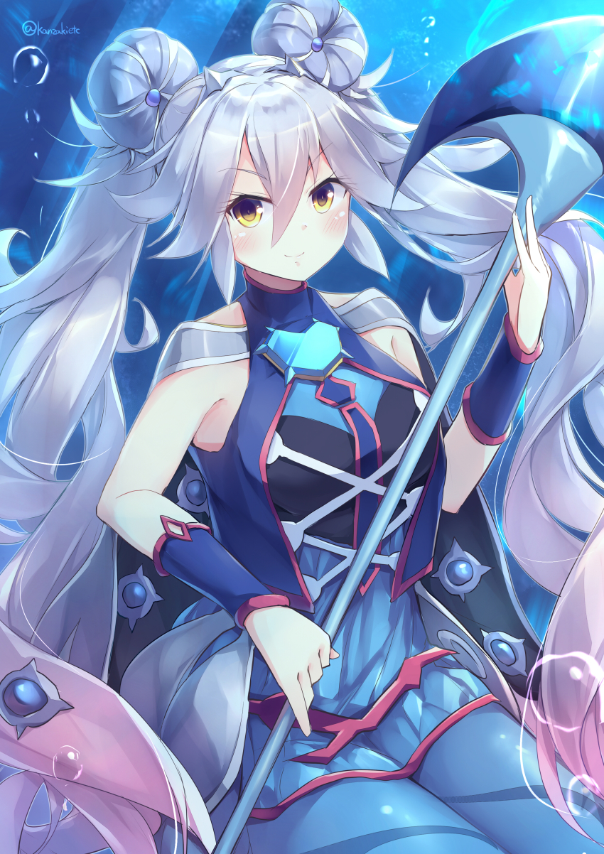 1girl, absurdres, closed_mouth, cowboy_shot, duel_monster, grey_hair, highres, holding, holding_weapon, kanzakietc, long_hair, marincess_aqua_argonaut, smile, solo, twintails, very_long_hair, weapon, yellow_eyes, yu-gi-oh!