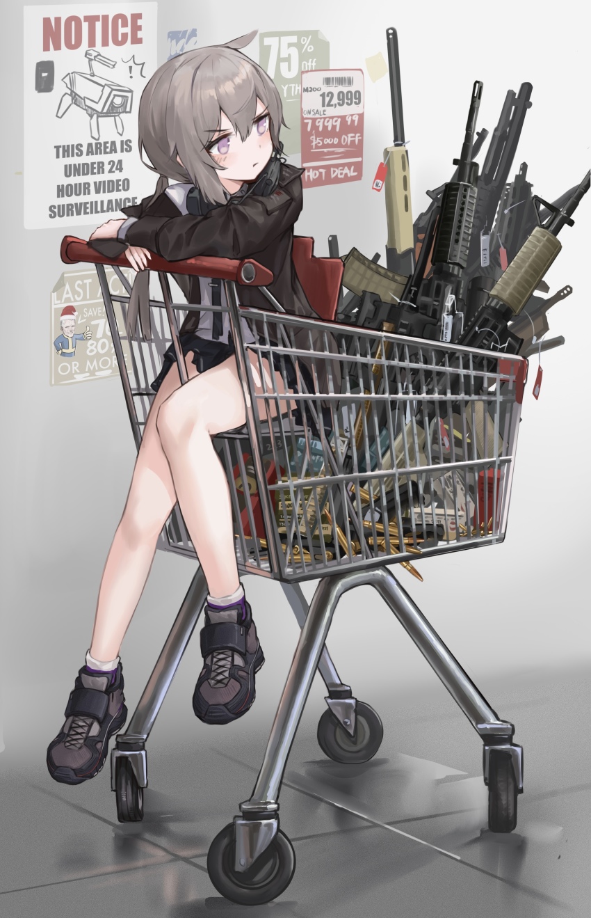 1girl, absurdres, ammunition, bare_legs, blush, bullet, bullpup, collared_jacket