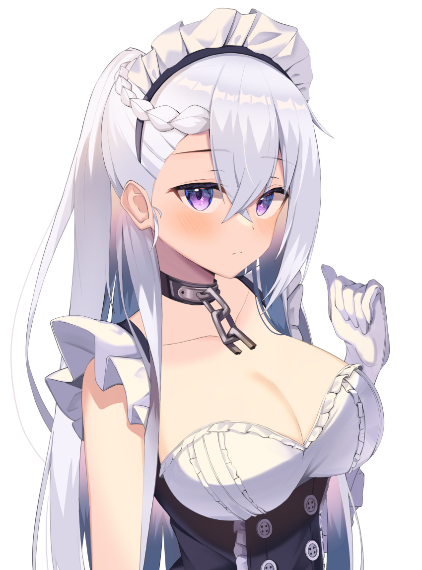 1girl, absurdres, azur_lane, bare_shoulders, belfast_(azur_lane), blush, braid, breasts, chain, cleavage, collar, collarbone, commentary, hair_between_eyes, half_up_braid, hand_up, hayaku_koko, highres, large_breasts, long_hair, looking_at_viewer, maid, maid_headdress, purple_eyes, silver_hair, simple_background, sleeveless, solo, upper_body, white_background