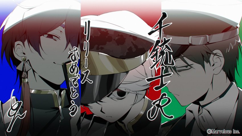 3boys, 89_(senjuushi), arisaka_(senjuushi_r), black_hair, camouflage, choker, earrings, eyebrows, folded_fan, folding_fan, grey_hair, hand_fan, hat, hikimayu, jewelry, jitome, looking_at_viewer, male_focus, military_hat, multiple_boys, murata_(senjuushi_r), no_pupils, official_art, sanpaku, senjuushi:_the_thousand_noble_musketeers_rhodoknight, senjuushi_(series), sidu_(dsd_kgn), tassel, tassel_earrings