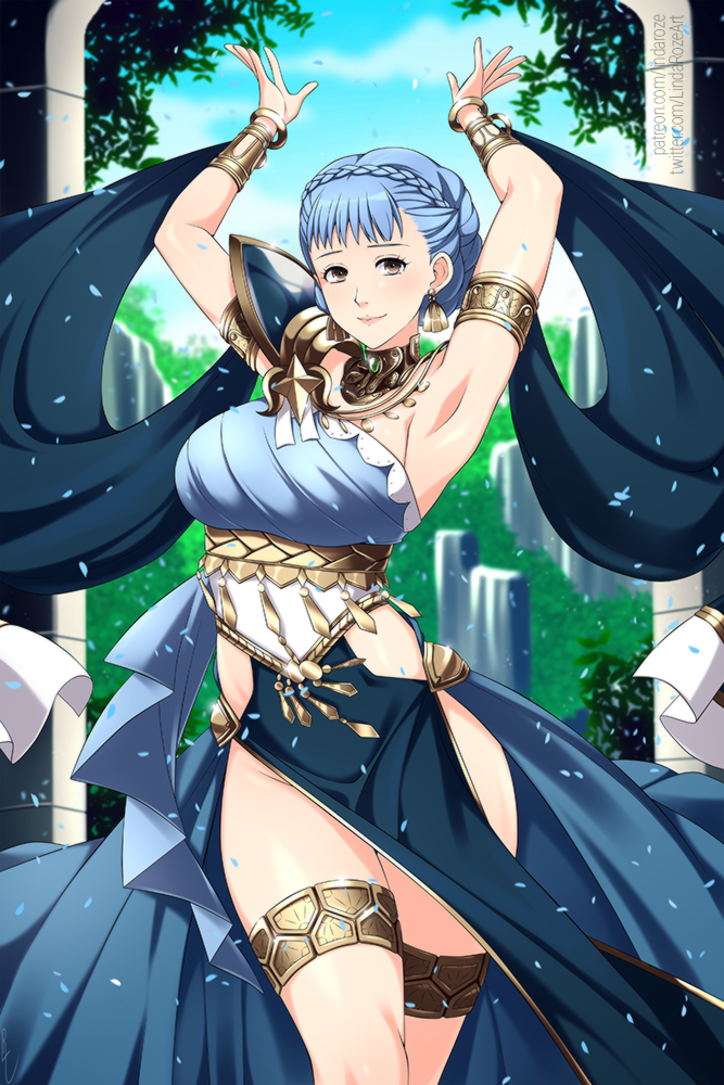 1girl, armlet, armpits, arms_up, blue_dress, blue_hair, bracelet, braid, choker, clothing_cutout, cloud, commentary, commission, contrapposto, crown_braid, dancer, dancer_(fire_emblem:_three_houses), dancing, day, dress, earrings, fire_emblem, fire_emblem:_three_houses, fire_emblem_heroes, hair_bun, hip_vent, jewelry, lindaroze, looking_at_viewer, marianne_von_edmund, marianne_von_edmund_(serene_adherent), marianne_von_edmund_(timeskip), nintendo, official_alternate_costume, pelvic_curtain, single-shoulder_dress, single_hair_bun, smile, solo, standing, thighlet, tree, yellow_eyes