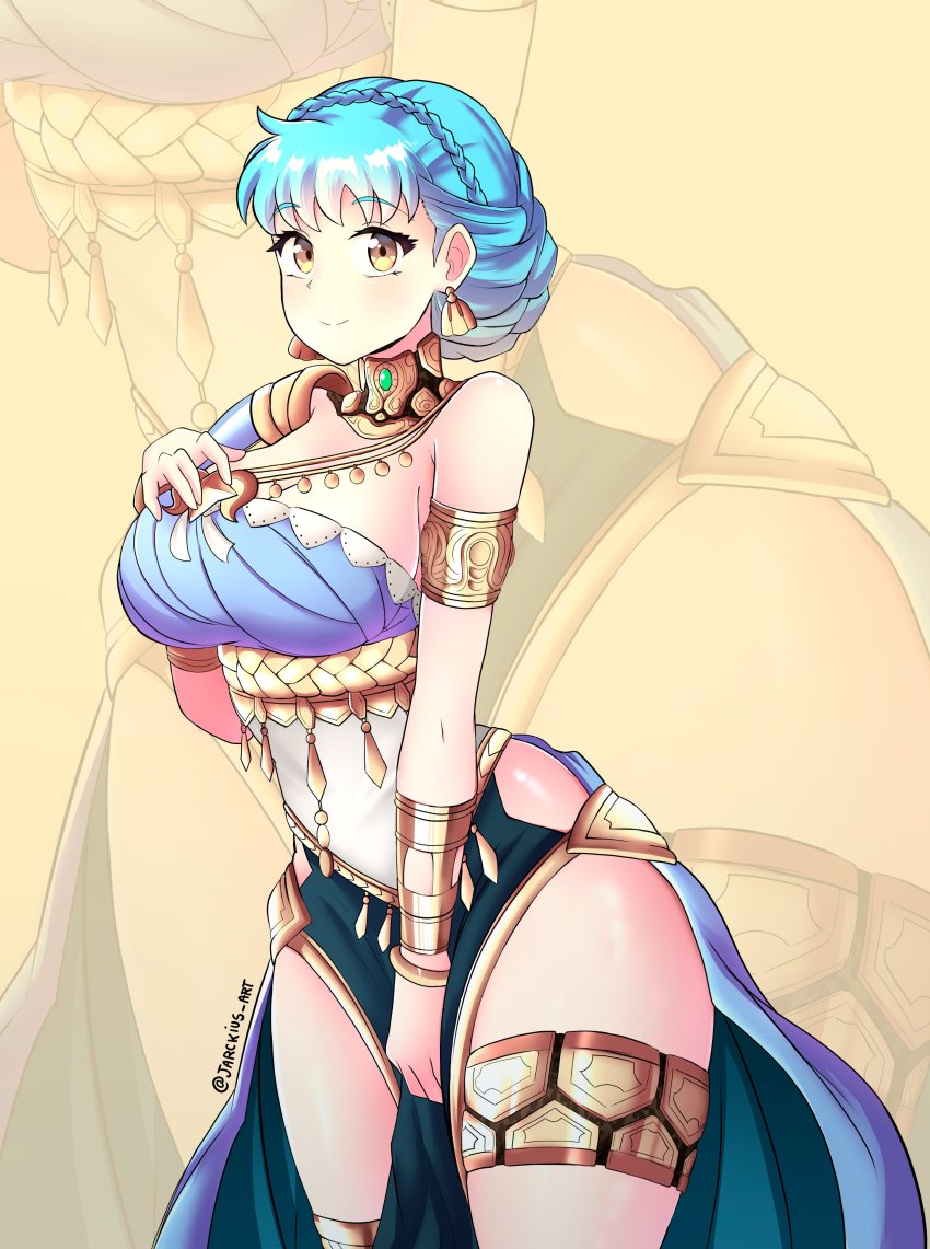 1girl, absurdres, armlet, bare_shoulders, belly_chain, blue_dress, blue_hair, blush