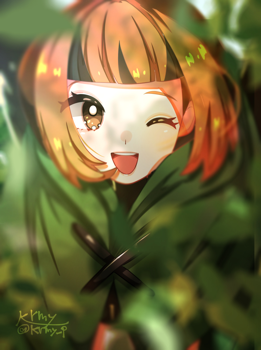 1girl, ;d, absurdres, black_hair, blunt_bangs, blurry, bright_pupils, brown_eyes