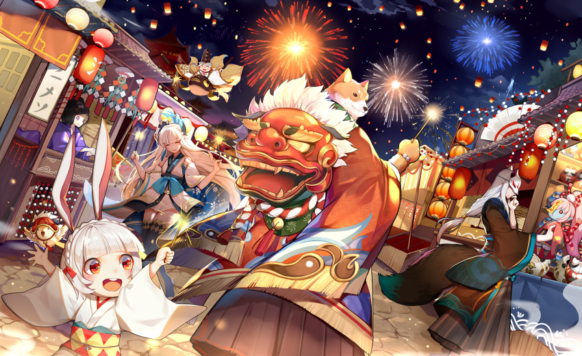 animal_ears, bell, chinese_commentary, ebisu_(onmyoji), fireworks, greetload, highres, inugami_(onmyoji)