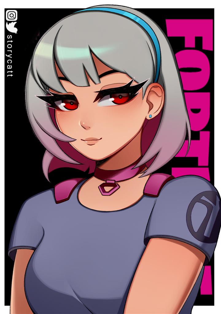 1girl, artist_name, cattstory, choker, closed_mouth, earrings, eyelashes, fortnite