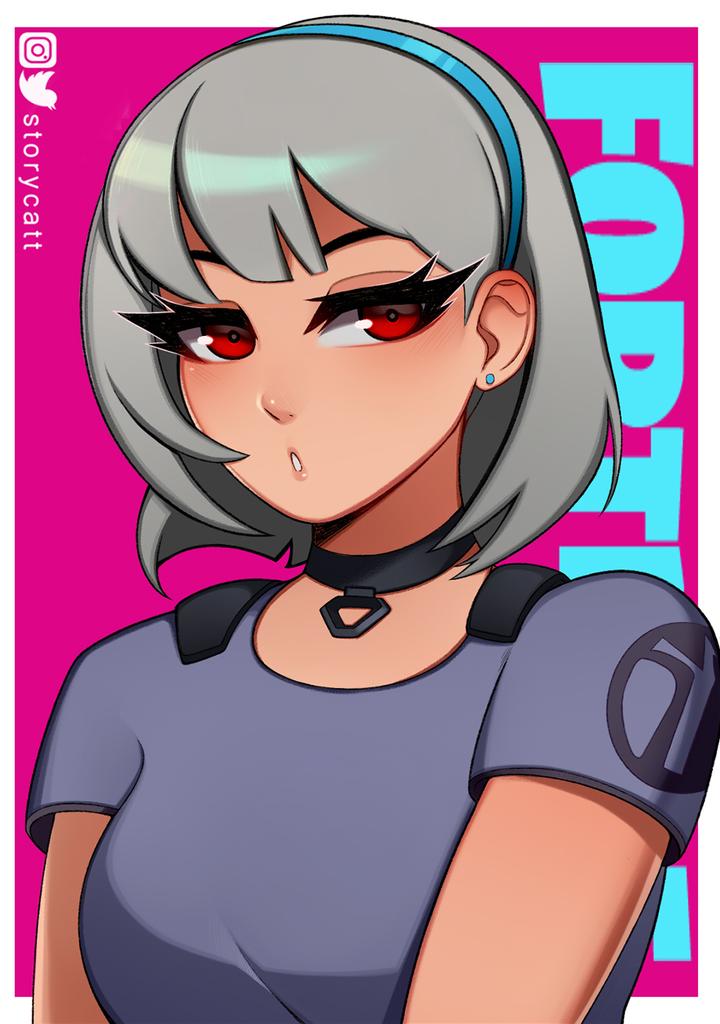 1girl, :o, artist_name, cattstory, choker, earrings, fortnite, grey_shirt, hair_ornament, hairband, jewelry, lexa_(fortnite), logo, open_mouth, red_eyes, shirt, short_hair, silver_hair, simple_background, solo