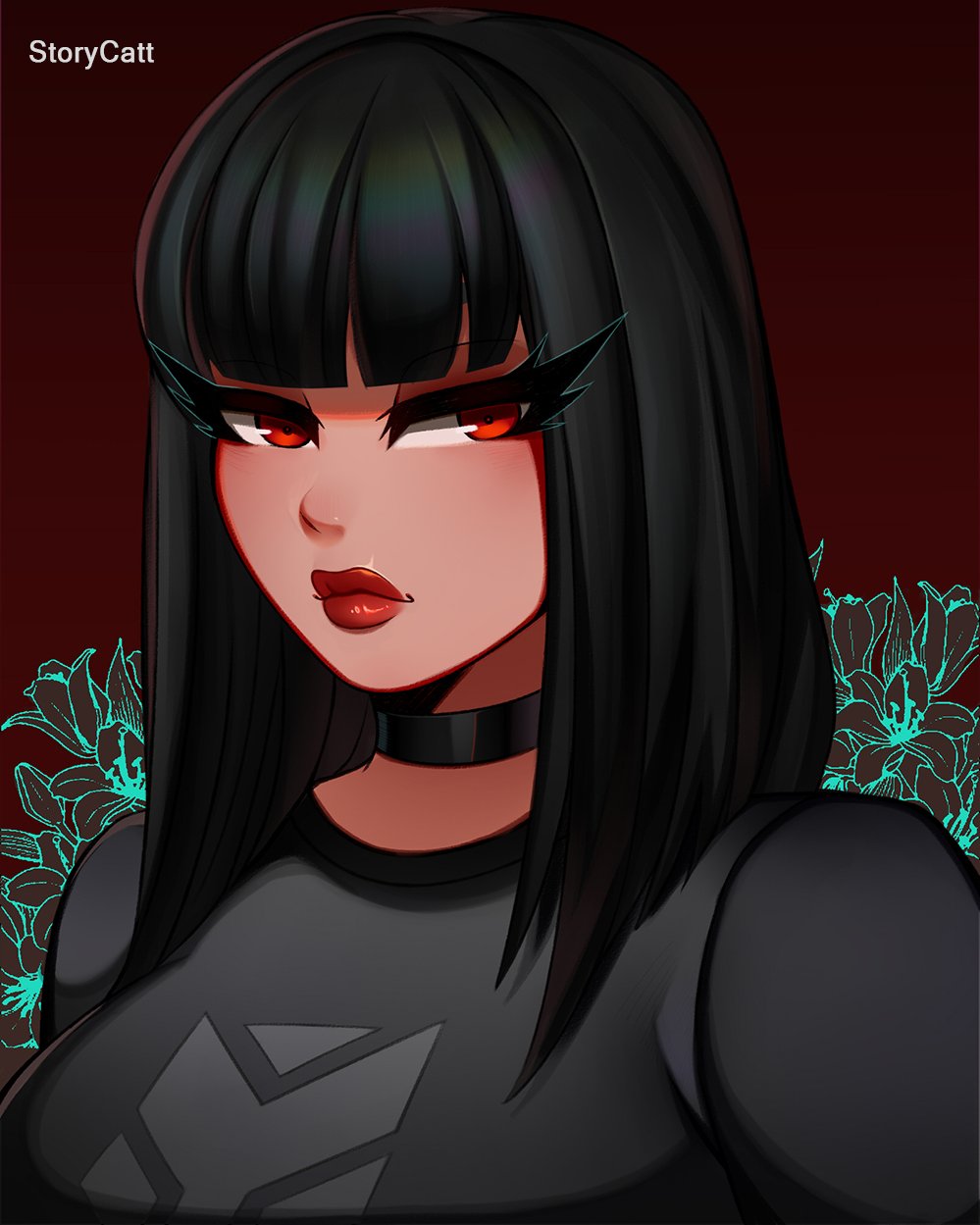 1girl, artist_name, black_hair, cattstory, charlotte_(fortnite), choker, closed_mouth, eyelashes, flower, fortnite, grey_shirt, highres, logo, medium_hair, petals, red_eyes, red_lips, serious, shirt, solo, tattoo