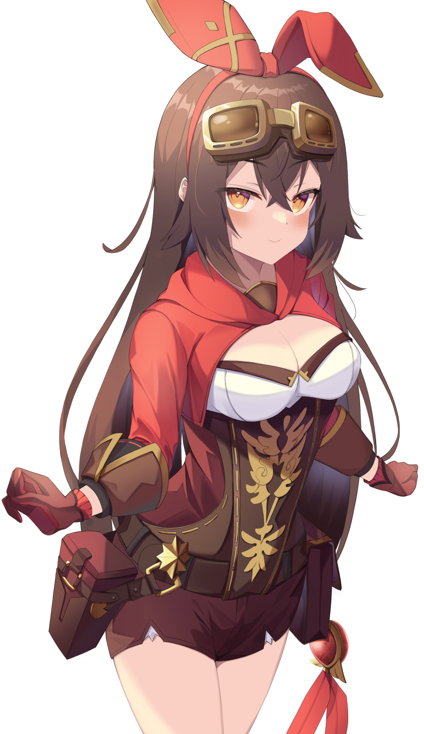 1girl, absurdres, amber_(genshin_impact), animal_ears, belt, belt_pouch, blush, breasts