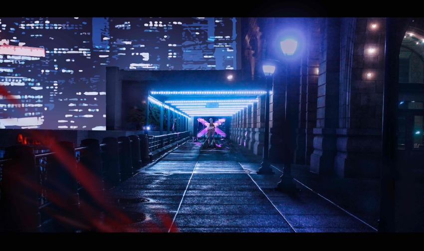 1girl, absurdres, alternate_universe, arcane:_league_of_legends, arcane_jinx, bad_id, bad_pixiv_id, blood, braid, crop_top, cyberpunk, facing_viewer, full_body, highres, jinx_(league_of_legends), lamppost, league_of_legends, letterboxed, light, long_hair, onlly, outdoors, pants, scenery, shoes, solo, standing, stomach, twin_braids, very_long_hair, wide_shot