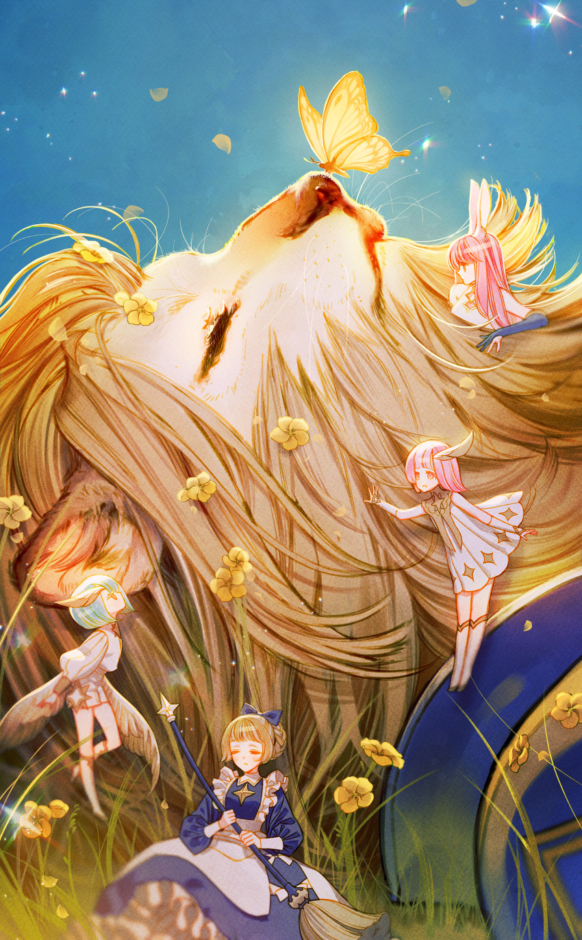 4girls, :d, absurdres, afk_(series), afk_arena, animal_ears, aqua_hair, bare_shoulders