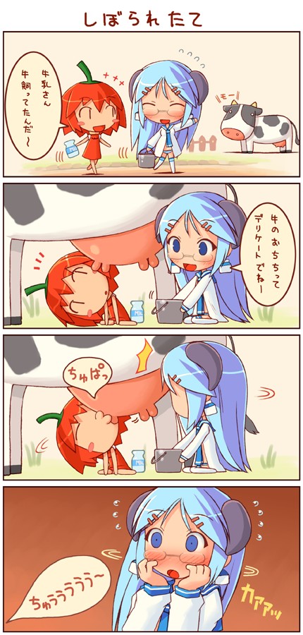2girls, 4koma, blush, blush_stickers, chibi, chili_pepper, comic, cow