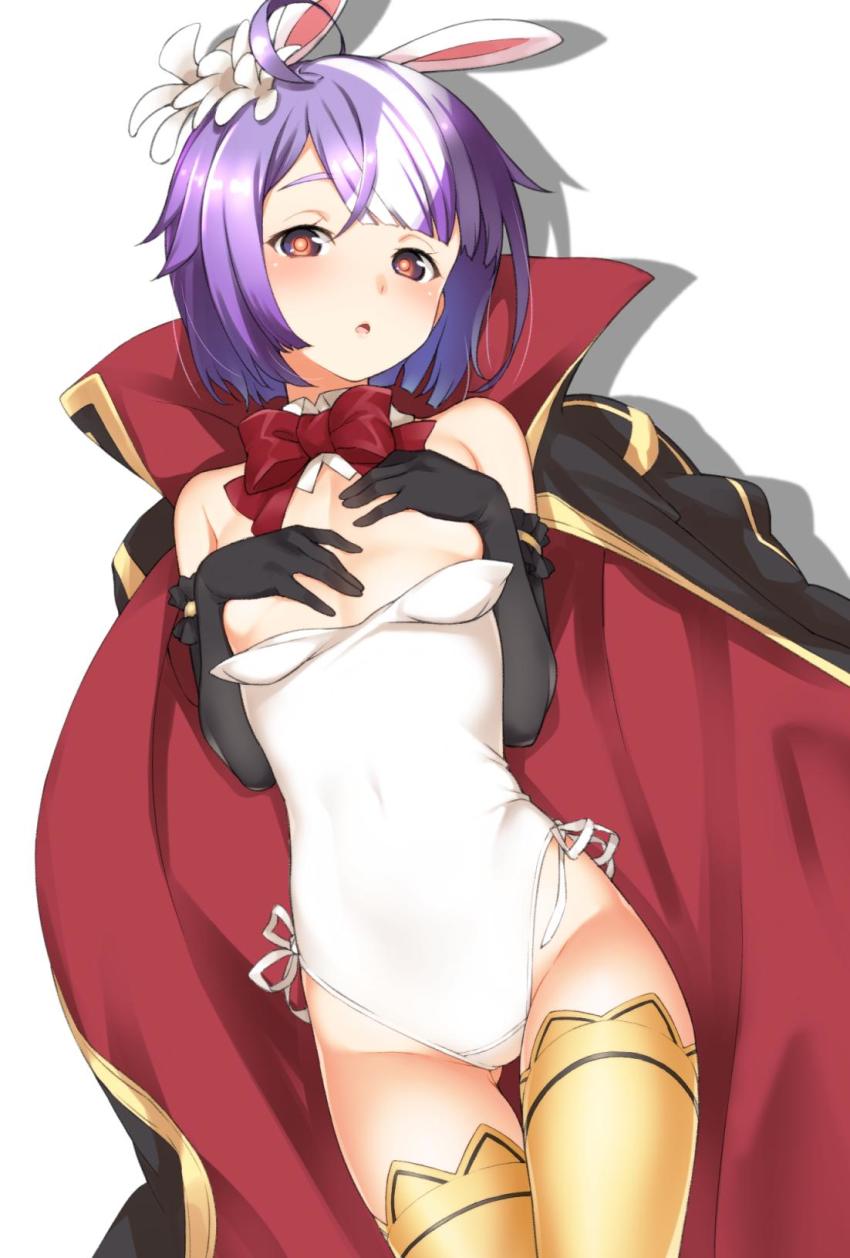 1girl, ahoge, animal_ears, asrafil_(megido72), asymmetrical_legwear, black_cape, black_gloves, blush, bow, bowtie, breasts, cape, collar, commentary_request, covered_navel, covering_privates, covering_breasts, crotch_seam, detached_collar, elbow_gloves, flower, gloves, gluteal_fold, hair_flower, hair_ornament, half-closed_eyes, hands_on_own_chest, hatakenaka_(kamagabuchi), head_tilt, highres, leotard, leotard_pull, looking_at_viewer, megido72, open_mouth, rabbit_ears, red_cape, red_eyes, shadow, short_hair, side-tie_leotard, simple_background, small_breasts, solo, thigh_gap, thighhighs, two-sided_cape, two-sided_fabric, white_background, white_collar, white_leotard, yellow_thighhighs