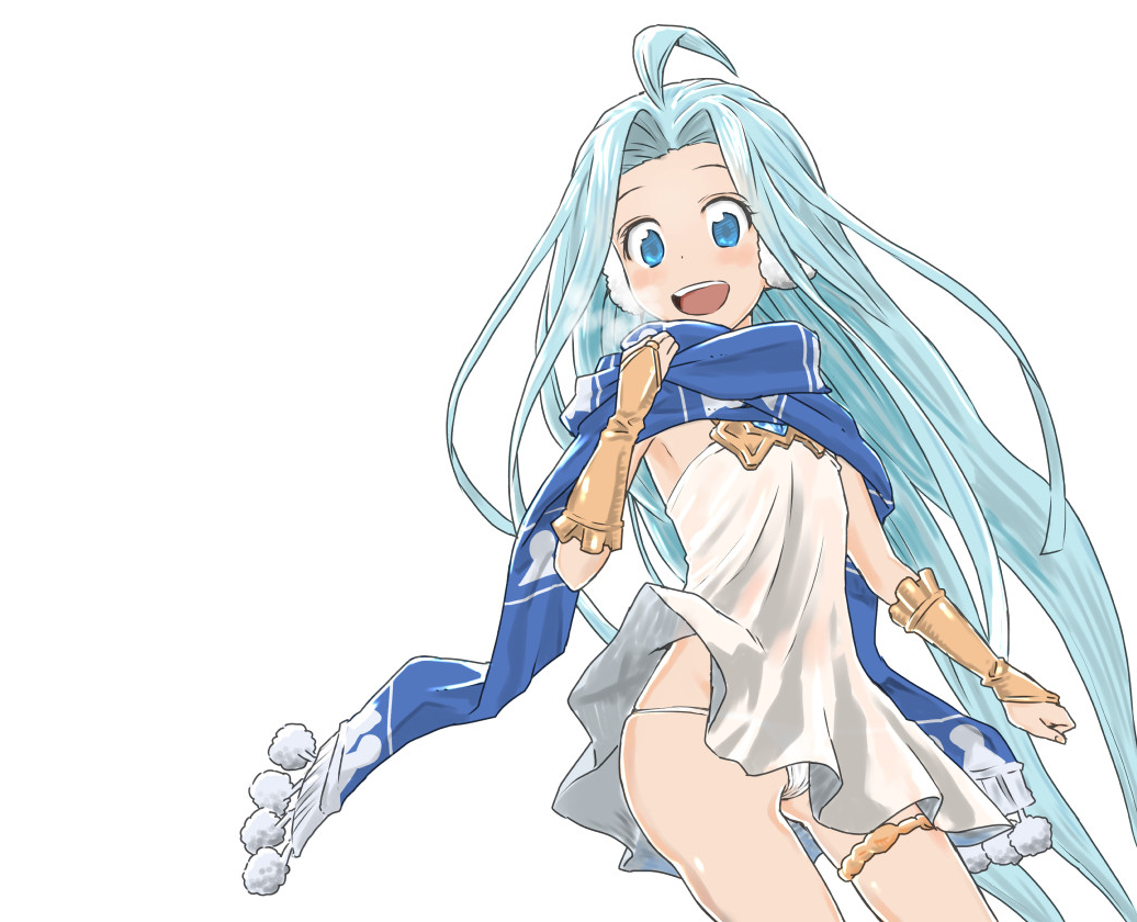 1girl, :d, blue_eyes, blue_hair, dress, earmuffs, granblue_fantasy, long_hair, looking_at_viewer, lyria_(granblue_fantasy), oni_b, open_mouth, panties, scarf, simple_background, smile, solo, underwear, white_background