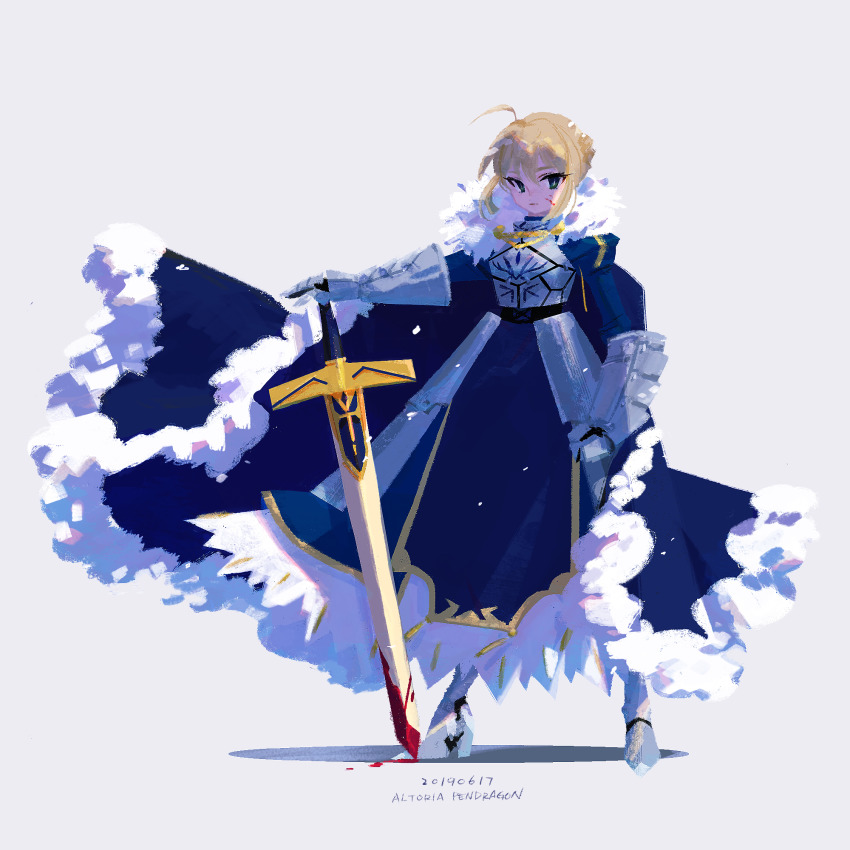 1girl, ahoge, aiguillette, armor, armored_boots, artoria_pendragon_(fate), blonde_hair, blood