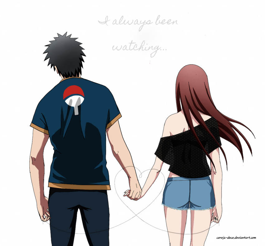 1boy, 1girl, black_hair, blue_shorts, brown_hair, cereja-doce, couple, from_behind