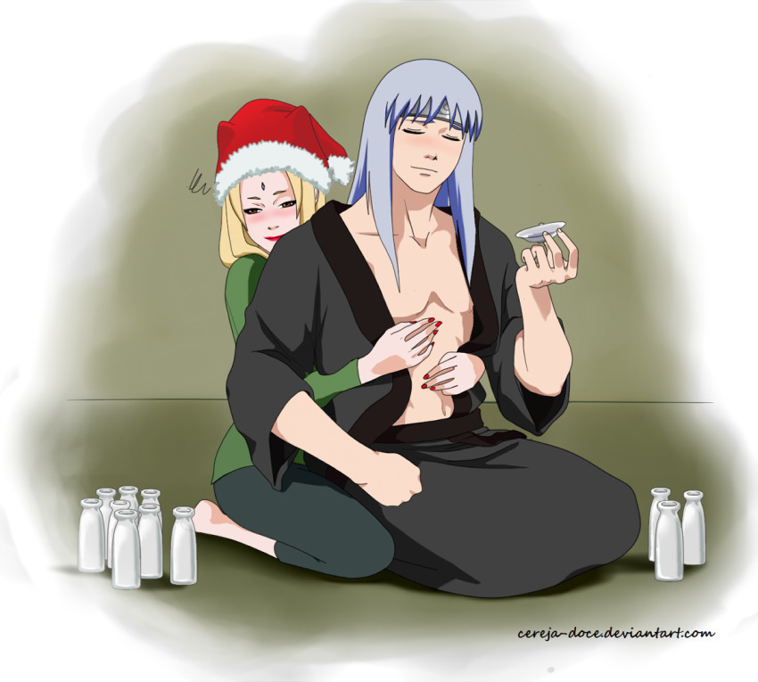 1boy, 1girl, blonde_hair, blush, cereja-doce, christmas, facial_mark, forehead_mark