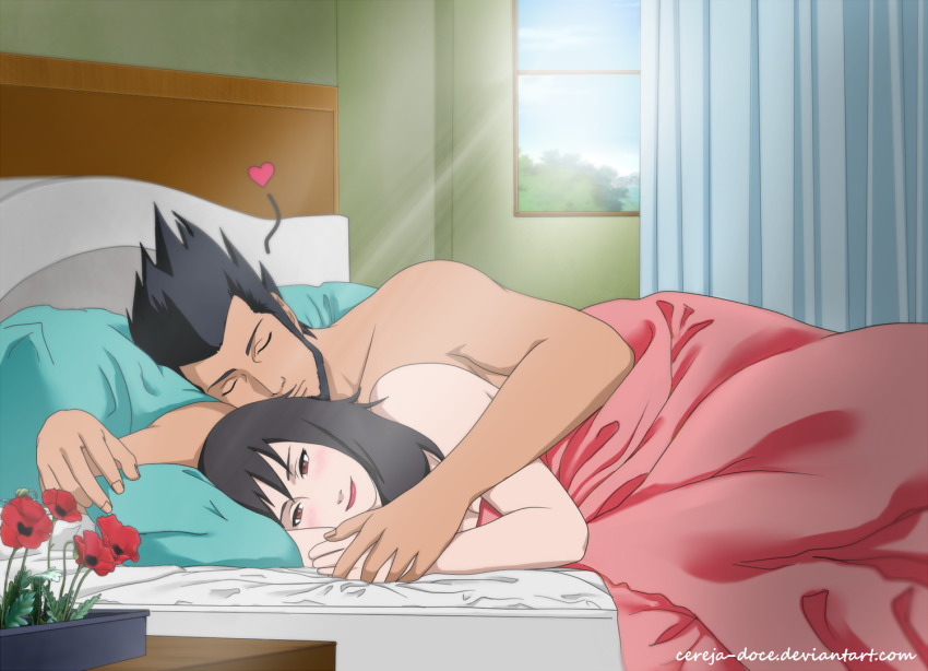 1boy, 1girl, bed, bed_sheet, bedroom, black_hair, blush, cereja-doce, couple, flower, heart, indoors, lying, naruto_(classic), naruto_(series), pillow, red_eyes, sarutobi_asuma, sleeping, smile, yuuhi_kurenai