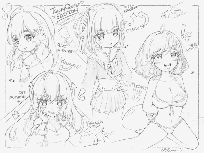 !, 4girls, ahegao, arms_behind_back, beret, breasts, character_name, cleavage