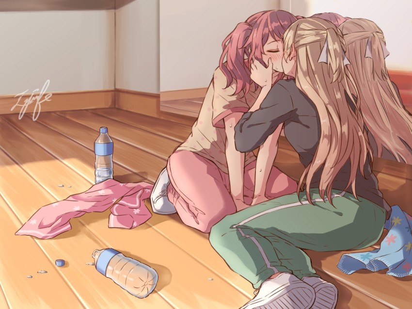 2girls, aiiro_bokujuu, bang_dream!, bang_dream!_girls_band_party!, blonde_hair, blush, bottle, chinese_commentary, closed_eyes, commentary_request, green_pants, half_updo, kiss, kneeling, long_hair, maruyama_aya, mirror, multiple_girls, on_floor, pants, pink_hair, pink_pants, polka_dot, polka_dot_shirt, shirasagi_chisato, shirt, short_sleeves, sitting, sweat, towel, track_pants, twintails, water_bottle, white_footwear, yellow_shirt, yuri